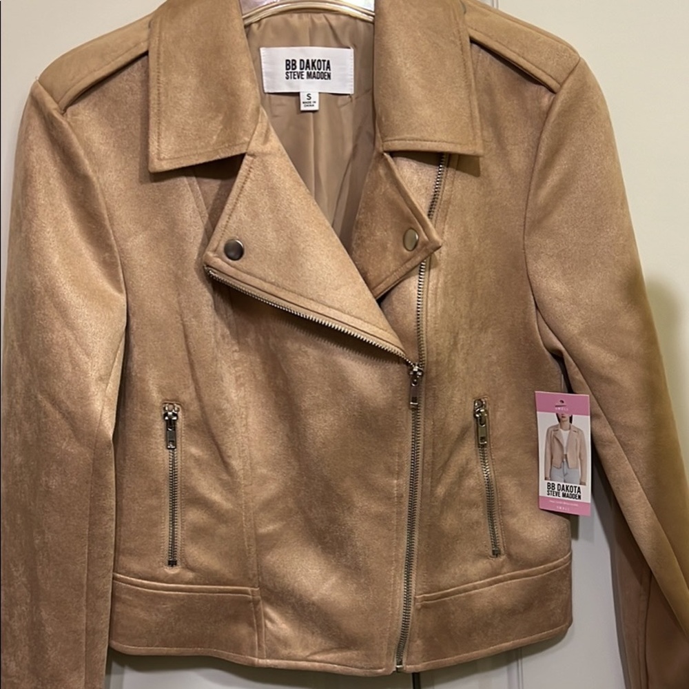 Steve Madden BB Dakota Size Small Fake Suede Slate Tan Moto Jacket